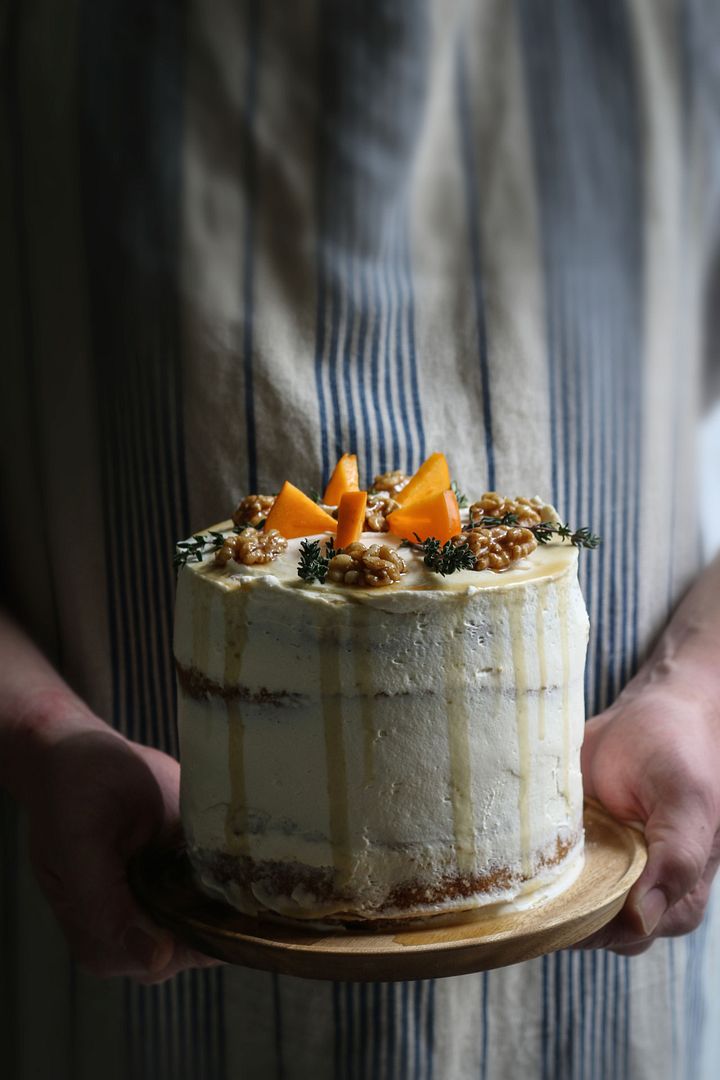 masala chai cake with persimmon stem ginger jam and maple candied walnuts